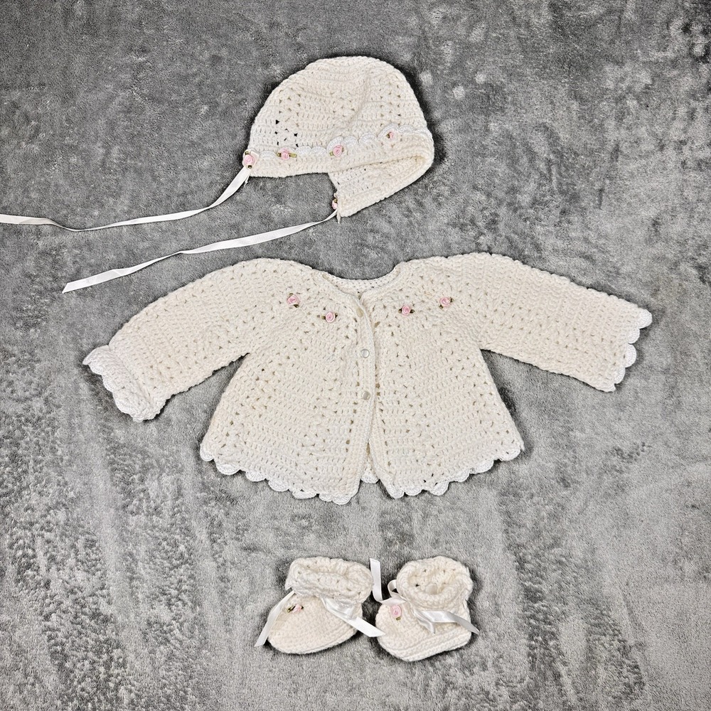 Handmade Crochet Baby Outfit Set Cardigan‎ Bonnet Booties Infant 0-3M
